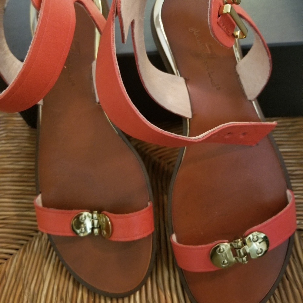 Women's Coral Leather Ankle-Strap Sandals with Gold Accent